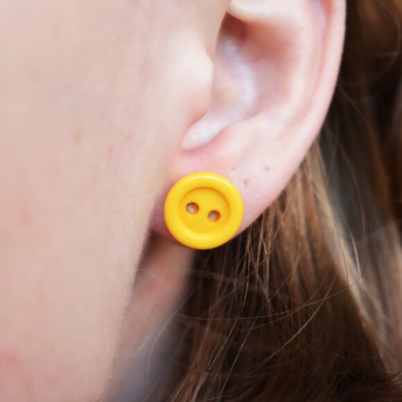 Handmade Yellow Button Stud Earrings - Picture 4 of 6